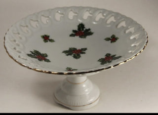 Vintage Lefton Compote Pedestal Christmas Holly Berries Candy Dish -RSV|131853