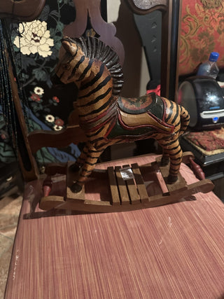 Vtg Wooden Rocking Zebra Horse 13” X 12” Hand Carved Painted Carousel Circus Toy #62 VV MTS|81315