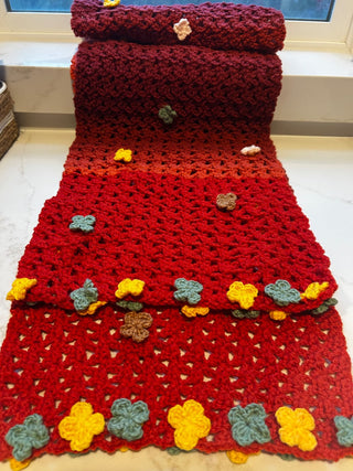 Hand Crochet Burned Orange XL Scarf w Flowers-RSV