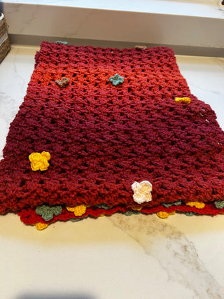 Hand Crochet Burned Orange XL Scarf w Flowers-RSV