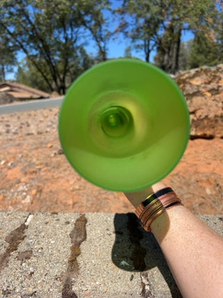 vintage art glass vase featuring a frosted green gradient body and a clear glass foot