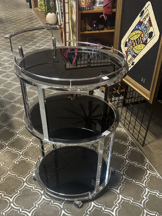 Mid-century modern  Rolling 3-Tier Round Bar Cart Chrome And Black With Wheel & Handle IN STORE PICK UP ONLY #47 VV MTS