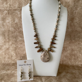 Necklace & Earrings Set, brown jasper teardrop pendant RSV