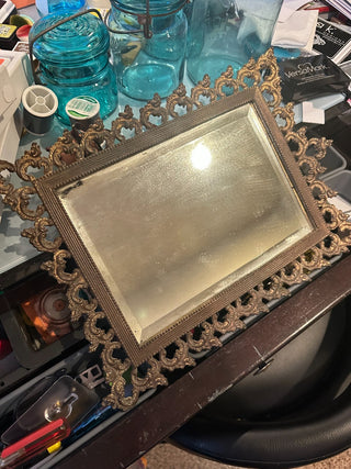 Antique Cast Iron Mirror w/easel Tabletop stand 10"x13"|60808