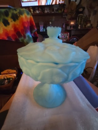 Fenton Blue Satin Art Glass Water Lily Covered Candy Pedestal Compote Dish