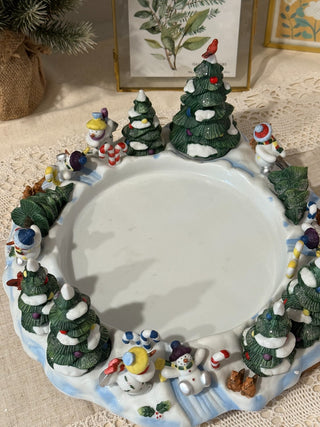 PartyLite P7870 Snowbell 3-Wick Candle Holder Plate Christmas Snowman With Box|137896