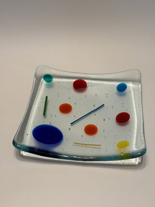 Fused Glass Dish 6" Square Clear with Colorful Dots and Lines- AnoGlass|58502