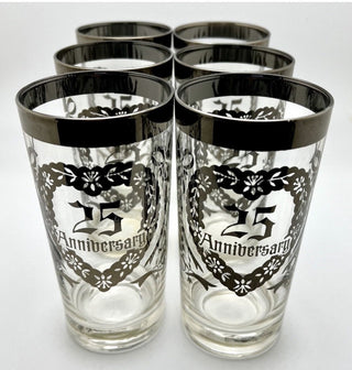 Set of 6  or sold separately  Vintage Retro Silver Trimmed Drinking Glasses 25th Wedding Anniversary #62 VV MTS