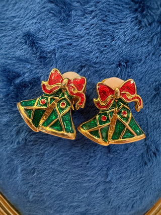 Green Enamel Christmas Bells w Red Bow Goldtone Holiday Clip Earrings –|140219