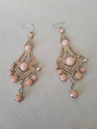 Gold Toned Dangle Earrings w/Pink Beads RCD