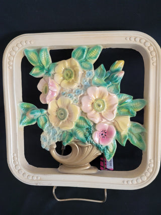 Vintage 11' Square Chalk Ware Flowers Wall Plaque RCD