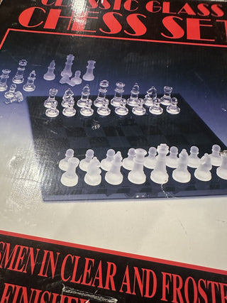 Vintage Chess Board 15 X 15 Glass & Frosted Playing Pieces Complete with Box #62 VV MTS