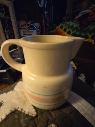 Vintage McCoy Pottery Pitcher with Pink and Blue Stripe #132 USA