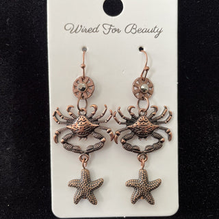 earrings, antiqued copper crabs w/ starfish RSV