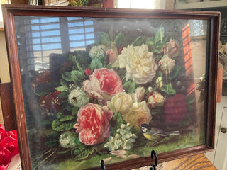 Vintage Wood Tray Floral under glass MTS
