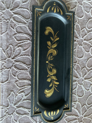Vintage tray, hand-painted with a black and gold floral design.-RSV|112899