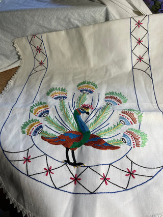 VNTG Hand Embroidered Peacock Design Runner