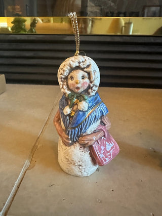 Ceramic Snowman dressed as woman w/blue scarf, pink purse RCD|95464