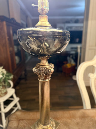 Victorian brass Corinthian column banquet lamp, which has been modernized to be electric RCD