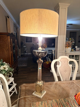 Victorian brass Corinthian column banquet lamp, which has been modernized to be electric RCD