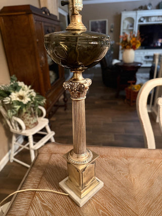 Victorian brass Corinthian column banquet lamp, which has been modernized to be electric RCD