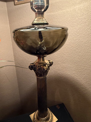 Victorian brass Corinthian column banquet lamp, which has been modernized to be electric RCD