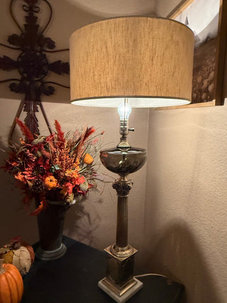 Victorian brass Corinthian column banquet lamp, which has been modernized to be electric RCD