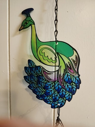 Thirty two inch long glass peacock wind chime