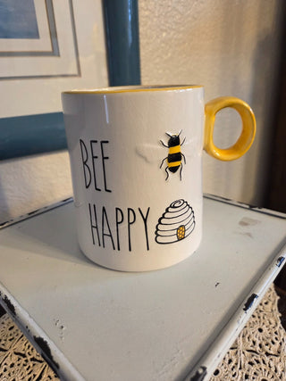 "Bee Happy" Large Ceramic Mug, Yellow/White, RCD|154511