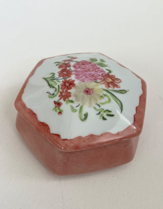 Vintage hand painted pink floral trinket box RSV