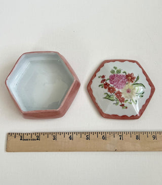 Vintage hand painted pink floral trinket box RSV