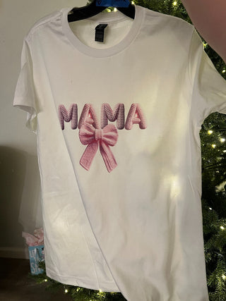 Lg. womens, white, yarn print, pink MAMA with bow