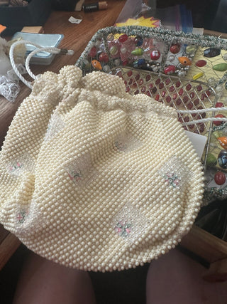 Vtg. Lumured Floral Rose Beaded Corde handbag 9"x9" RCD