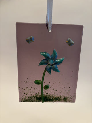 Fused Glass Sun Catcher Lavender with Blue Flower 3" x 4" - AnoGlass|64450