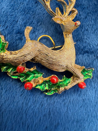 Vintage Christmas Brooch/Pin Gold Tone Rudolph Reindeer & Holly Signed Gerrys 2"|140311