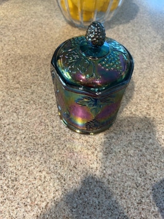 VTG Indiana Blue Glass iridescent carnival glass canister with lid