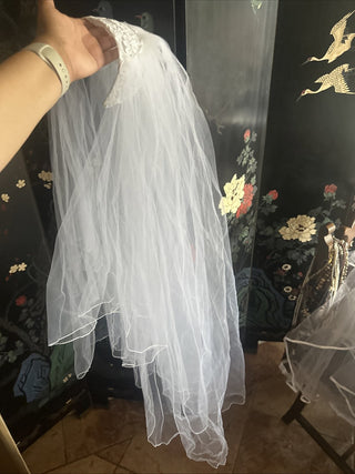 Bridal Beaded Headband Veil White Two Tier Wedding short Tulle #62 VV MTS|74985