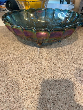 VTG Indiana Blue Glass Co. iridescent carnival glass fruit bowl