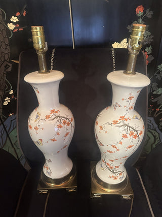 Vintage Ceramic Chinoiserie Orange Cherry Blossom Butterfly Tall Greek Key Base Table Lamp 62 VV MTS