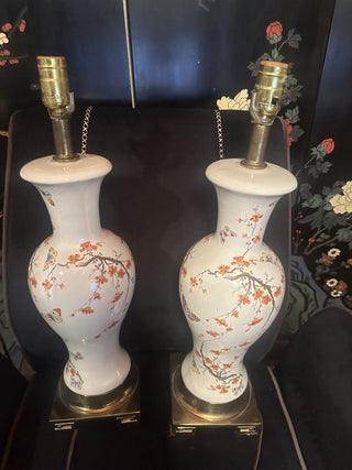 Vintage Ceramic Chinoiserie Orange Cherry Blossom Butterfly Tall Greek Key Base Table Lamp 62 VV MTS