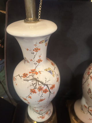 Vintage Ceramic Chinoiserie Orange Cherry Blossom Butterfly Tall Greek Key Base Table Lamp 62 VV MTS