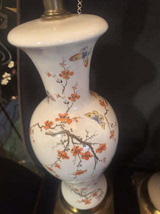 Vintage Ceramic Chinoiserie Orange Cherry Blossom Butterfly Tall Greek Key Base Table Lamp 62 VV MTS