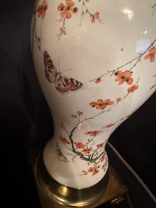 Vintage Ceramic Chinoiserie Orange Cherry Blossom Butterfly Tall Greek Key Base Table Lamp 62 VV MTS