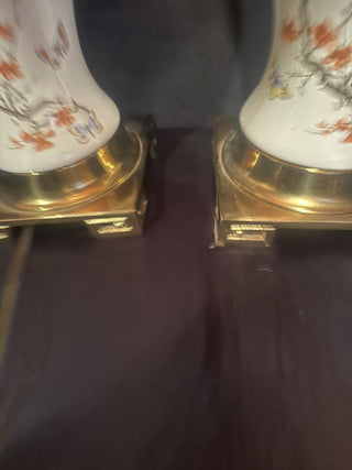 Vintage Ceramic Chinoiserie Orange Cherry Blossom Butterfly Tall Greek Key Base Table Lamp 62 VV MTS