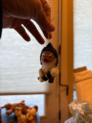 Vtg. (1980) Xmas ornament, wood, Santa w/champagne bottle  RCD|125834