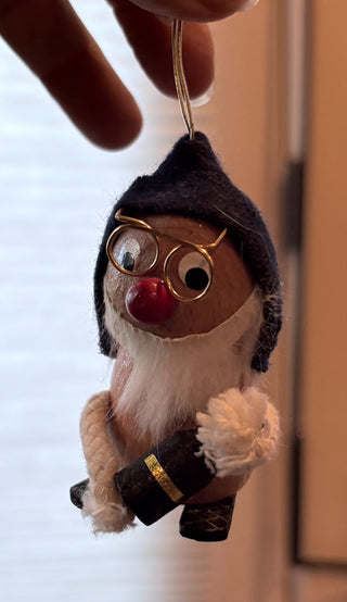 Vtg. (1980) Xmas ornament, wood, Santa w/champagne bottle  RCD|125835