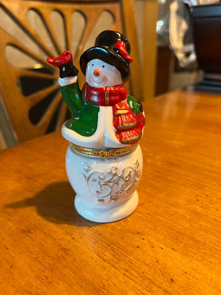 Vintage Porcelain Snowman w/Cardinal Hinged Trinket Box RSV|123701
