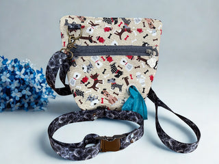 Dog Walking Bag (Beige) with Black Swirled Crossbody Strap and Black Swirled dog Coillar|81262