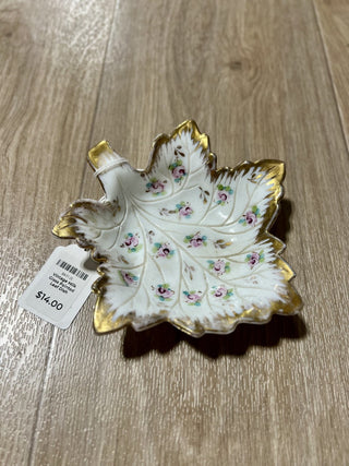 Vintage Milk Glass Painted Leaf Dish MTS