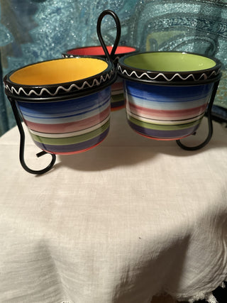 Multicolor stripe triple dish in stand (4 pieces). #SM. RCD|75197